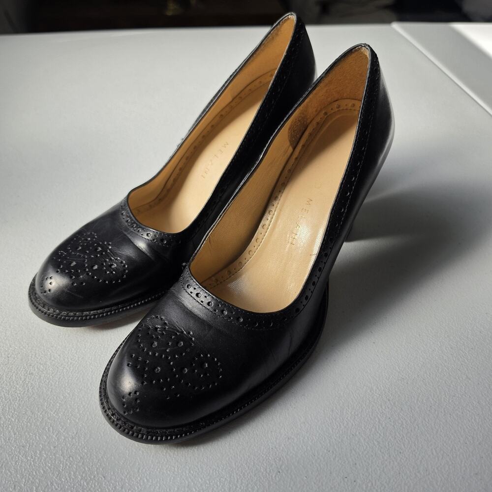 Y2K Antonio Melani Shoes Womens 7.5M Black Leather Block Heel Round Toe Pumps